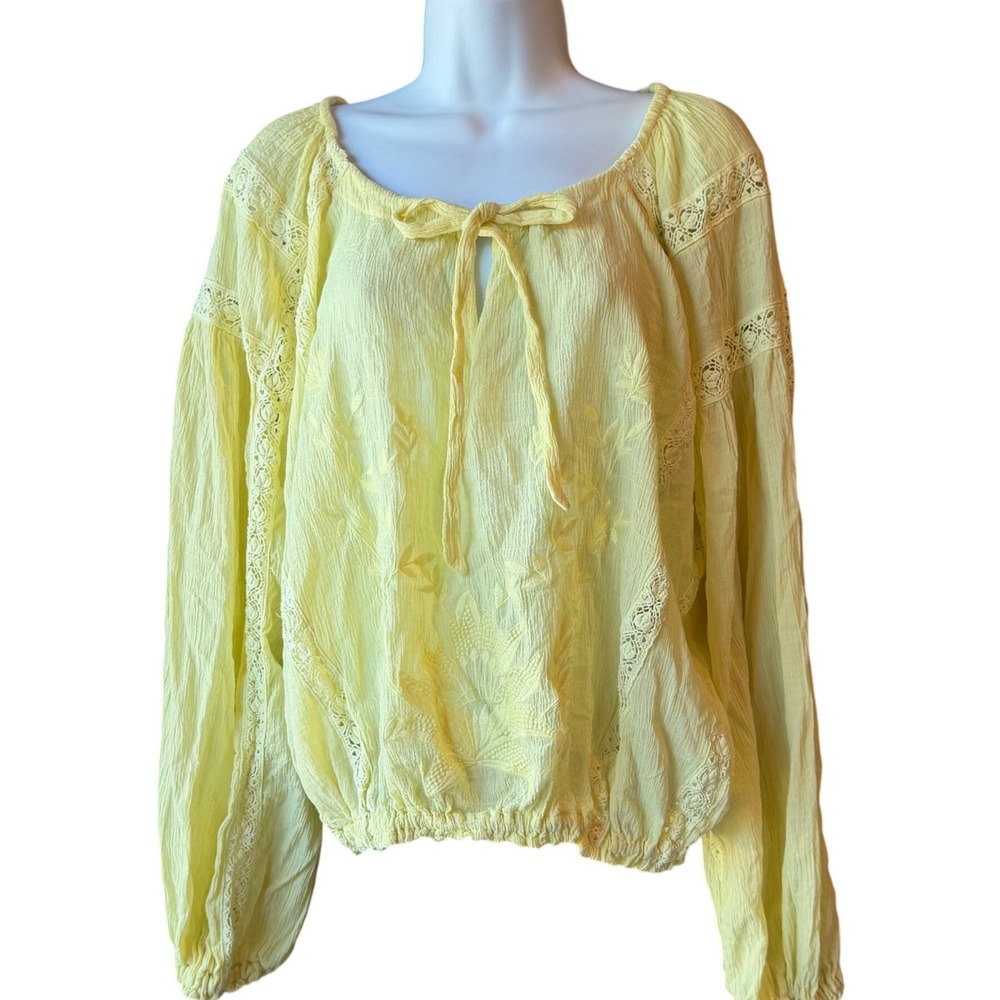 Free People Womens XS Yellow Embroidered Lace Peasant Blouse Boho Cottagecore